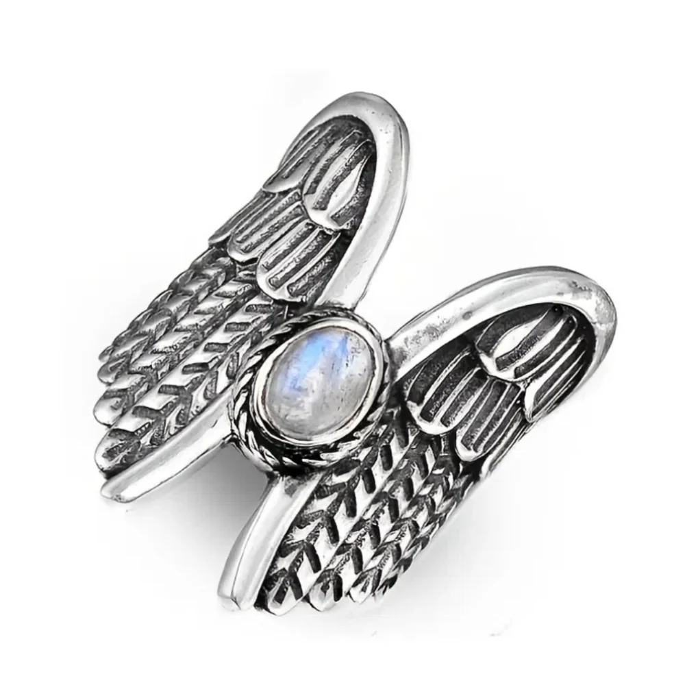 Angel Wings Moonstone Feather Ring Silver Plated Lab Created Gem Multiple Sizes - Picture 9 of 12